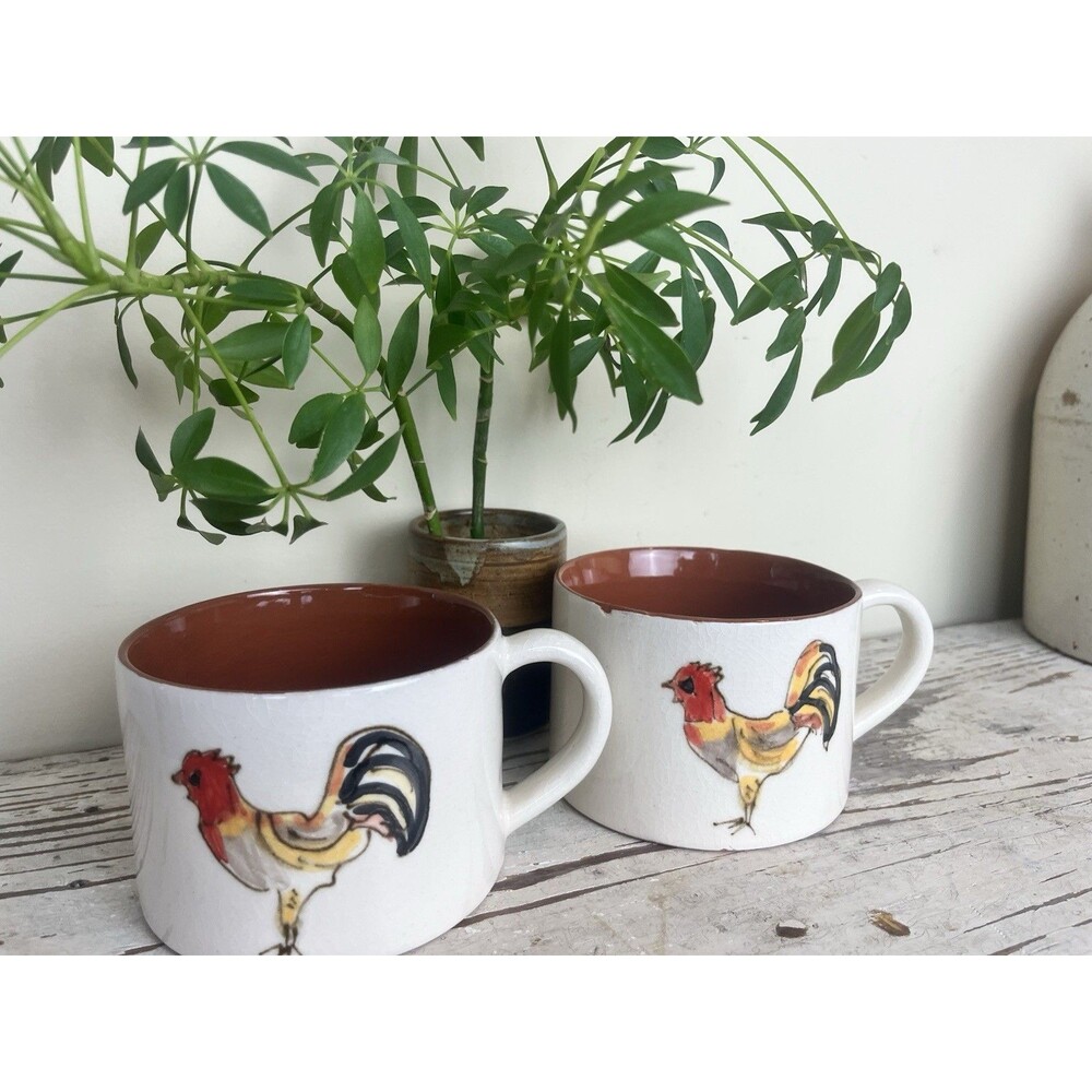 Vintage Set Of 2 White Glazed Country Rooster Mugs / Soup / Coffee / Tea / Farm